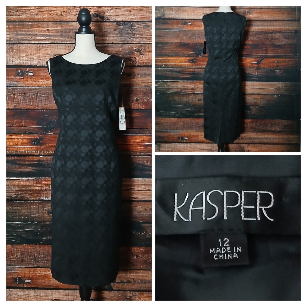 NWT Kasper Dress 12 Sheath Black Circle Jacquard Secret Wish Zip Back Lined